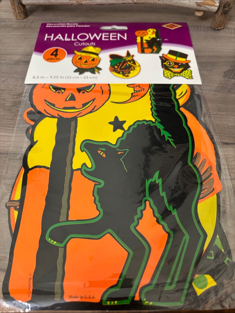 NIP Beistle Retro Halloween 4 Cutouts- Witch, 2 Black Cats, Jack o Lantern